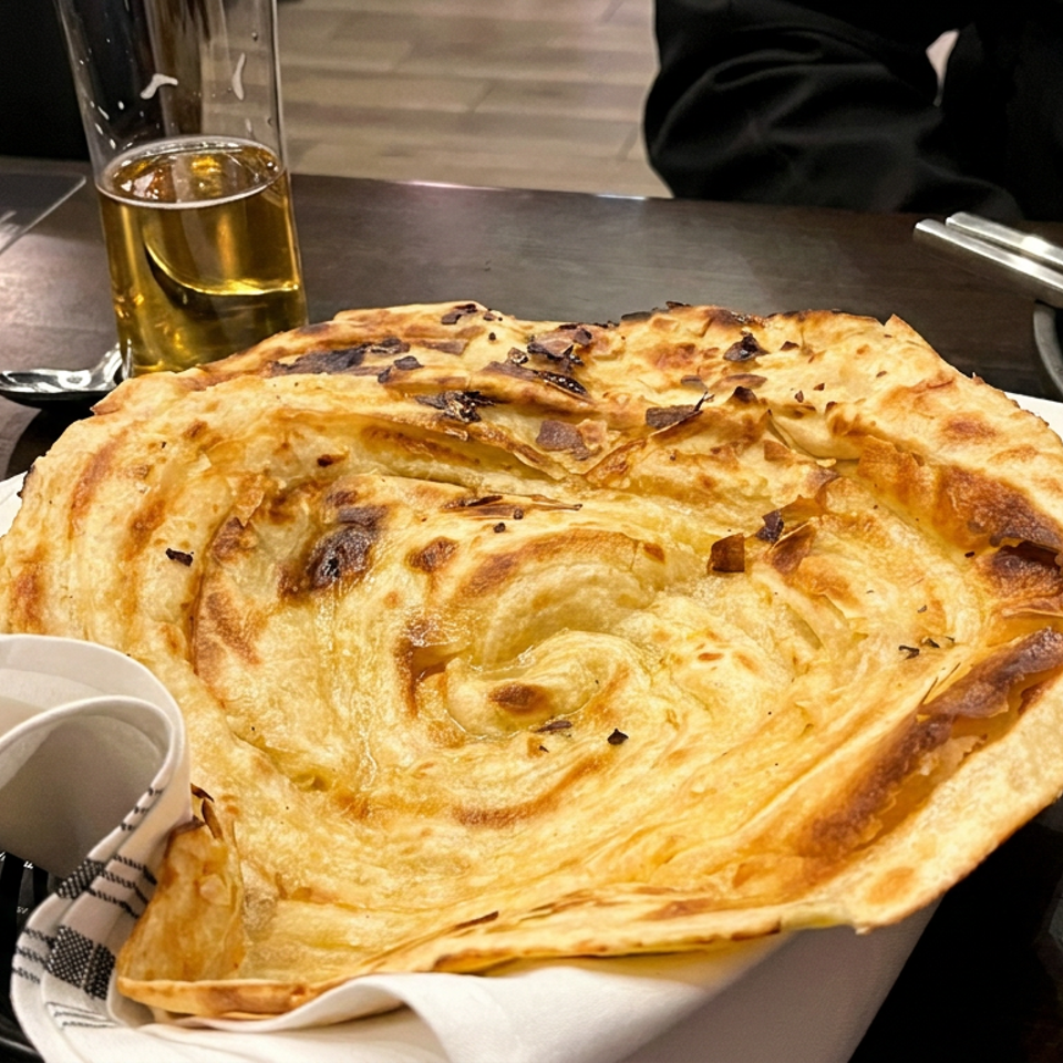 Golden flaky flatbread served in a basket beside orange curry, a spoon, and a glass of beer on a restaurant table.