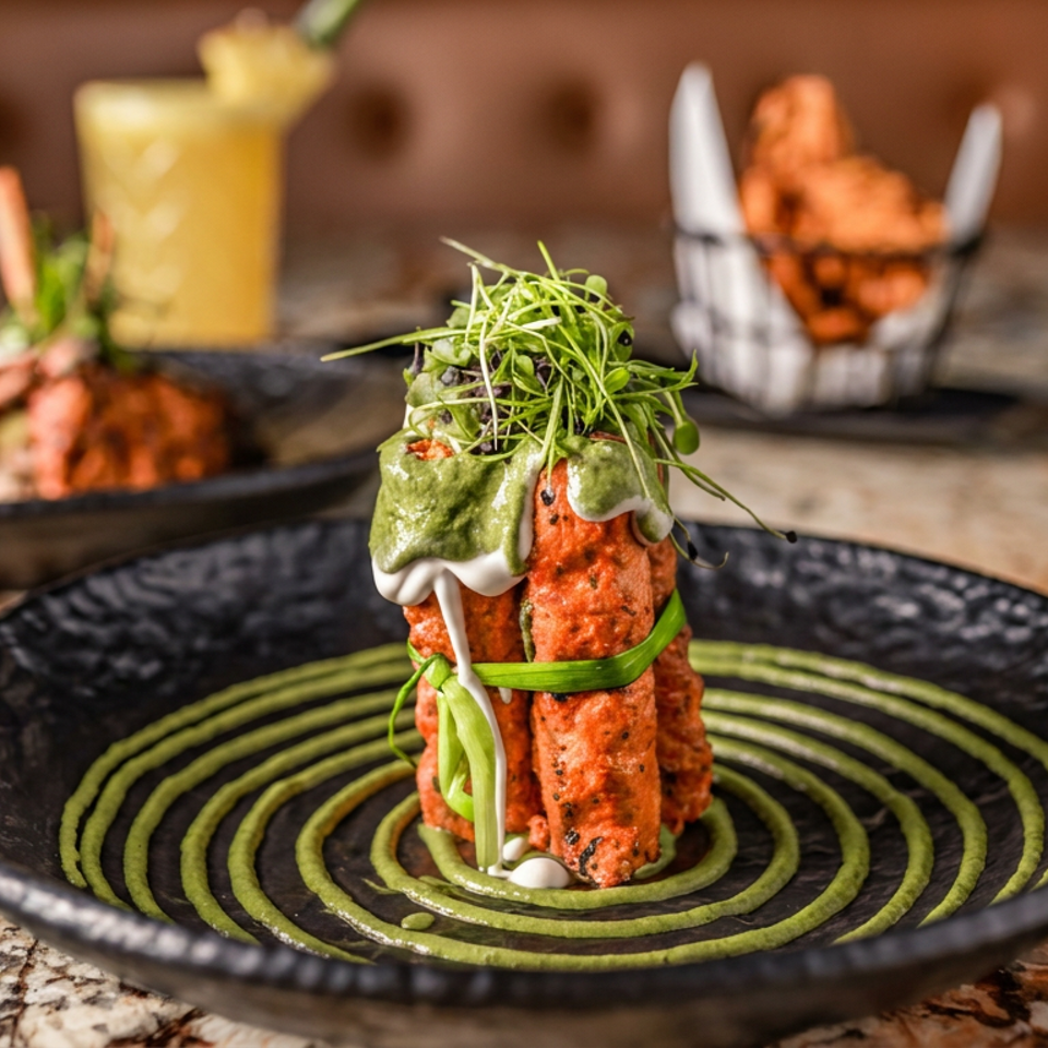 Elegant restaurant dish featuring grilled red-orange skewers topped with green sauce and microgreens, plated over concentric green sauce rings.
