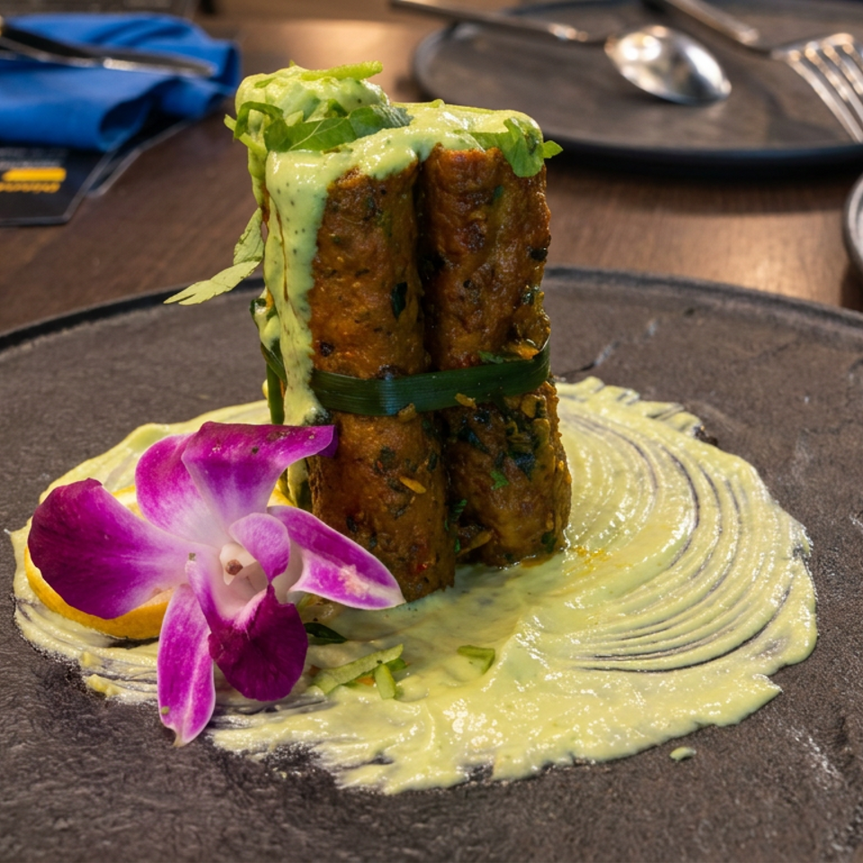 Three cylindrical spiced meat kebabs stacked with green sauce, lettuce, and edible orchid flower on a dark plate.