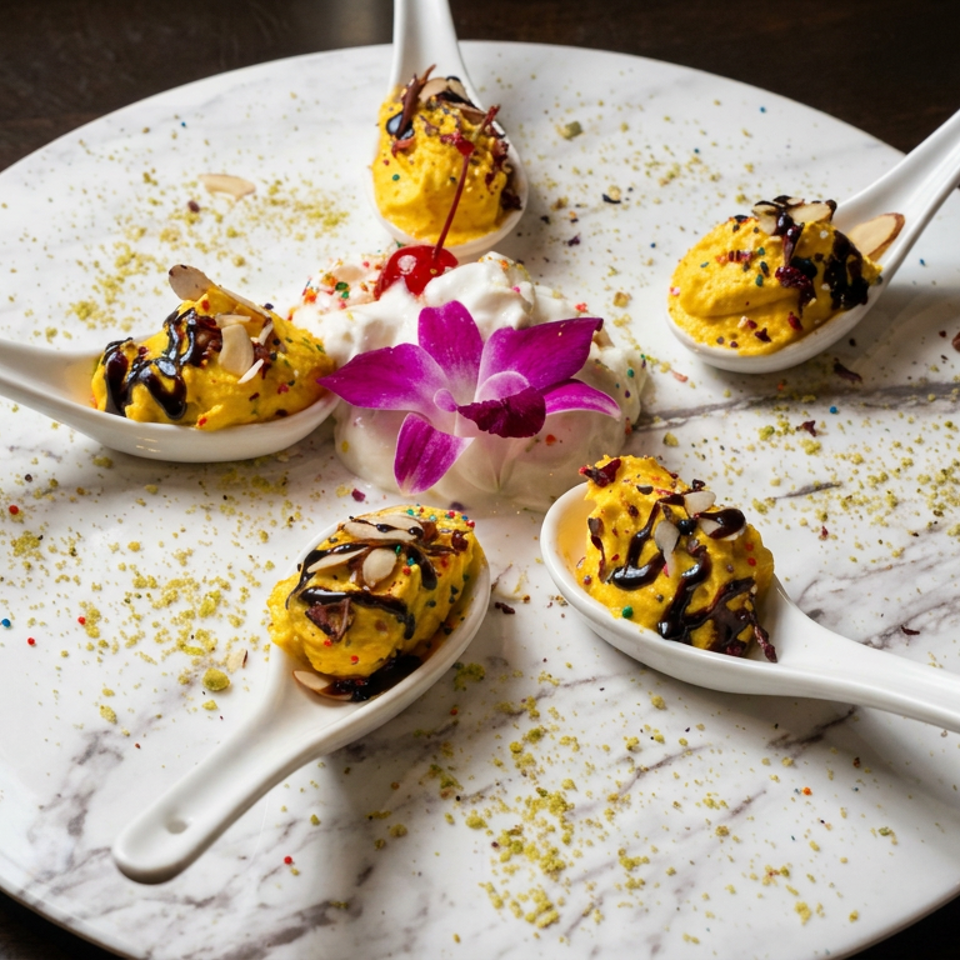 Five spoons holding saffron-colored dessert topped with chocolate drizzle and nuts, arranged around an orchid on a marble plate.