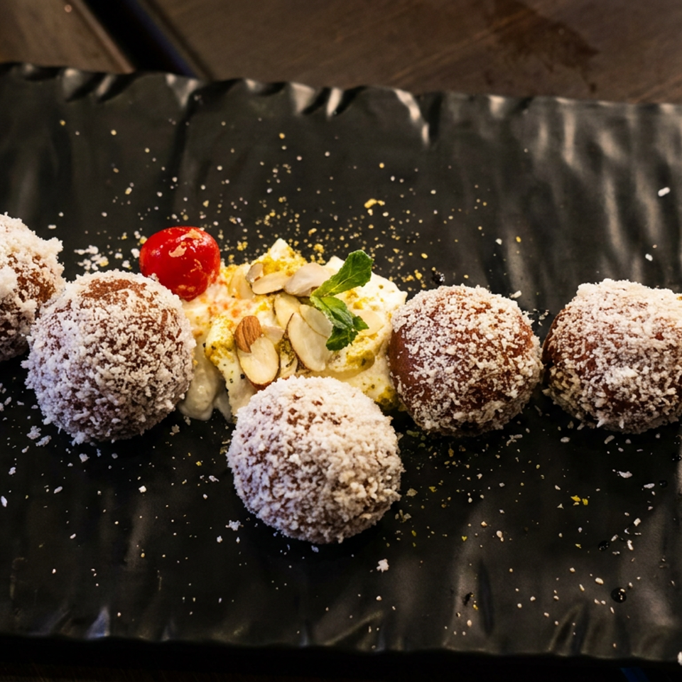 Coconut-coated dessert balls surround creamy saffron dessert topped with almonds, mint, and a cherry on a black plate.