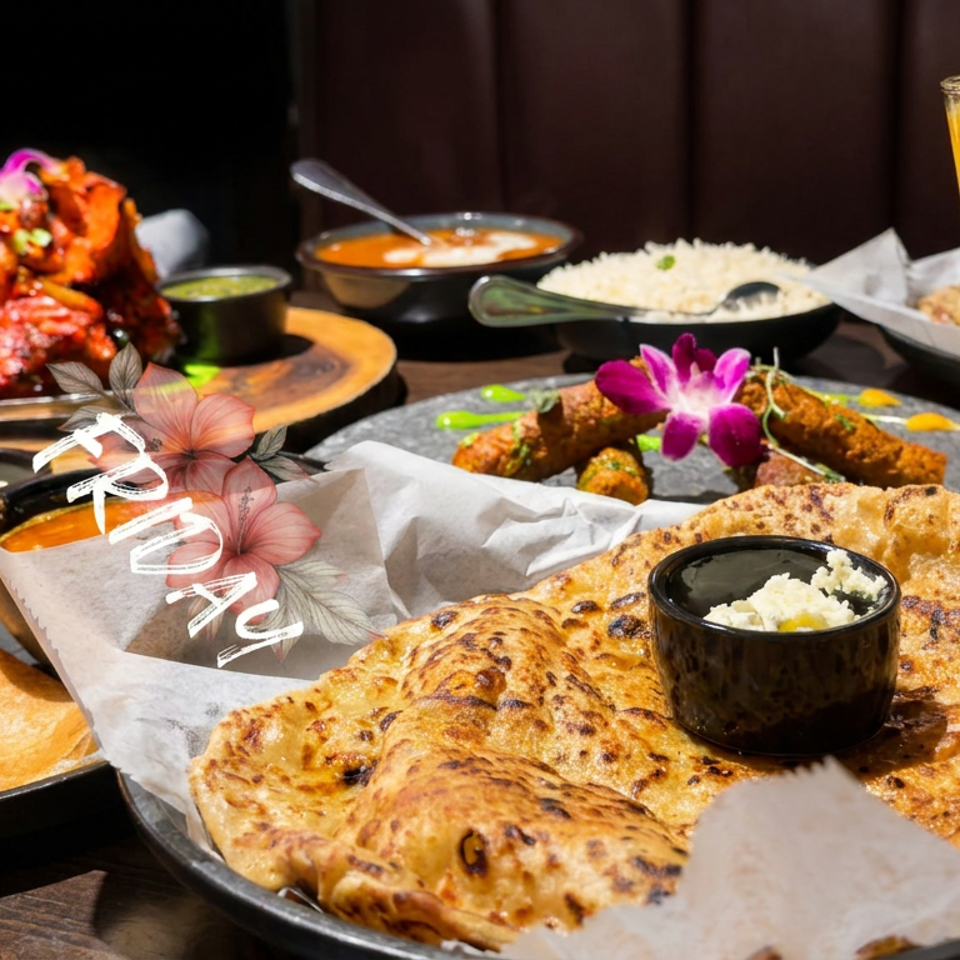 Colorful Indian meal spread with naan, dosa, rice, curries, grilled appetizers, sauces, and a tall mango drink on a restaurant table.