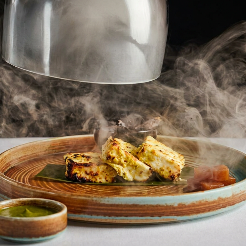 Steaming grilled dumplings or stuffed pastries arranged on a ceramic plate with dipping sauce beneath a metal cloche.