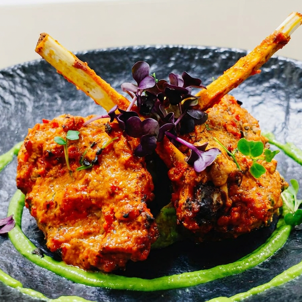 Crispy orange-sauced meat garnished with microgreens, crossed bones, and surrounded by a green puree ring on a dark plate.