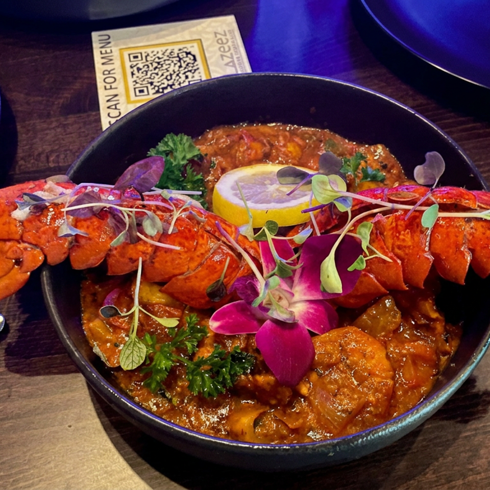 Whole lobster served over a rich seafood sauce in a black bowl, garnished with microgreens, herbs, and an edible flower.
