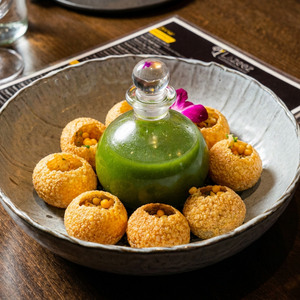 Crispy golden pani puri arranged around a green sauce bottle in a ceramic bowl on a restaurant table.